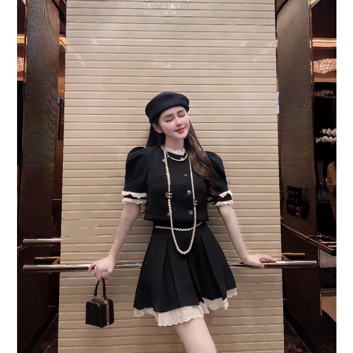 Sét áo chân váy phối viền ren_chất tuyết mưa_Hàng đẹp