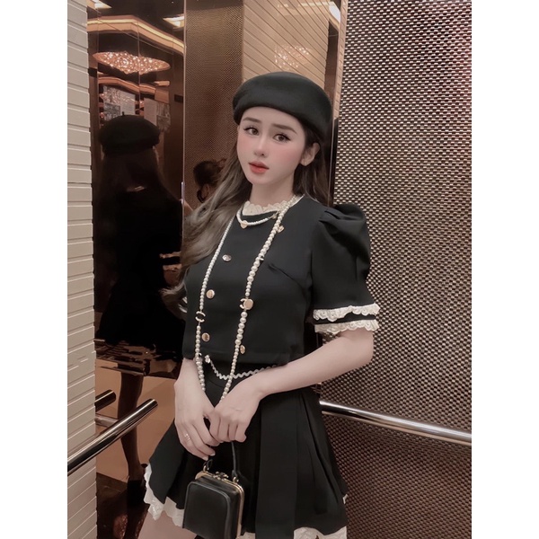 Sét áo chân váy phối viền ren_chất tuyết mưa_Hàng đẹp