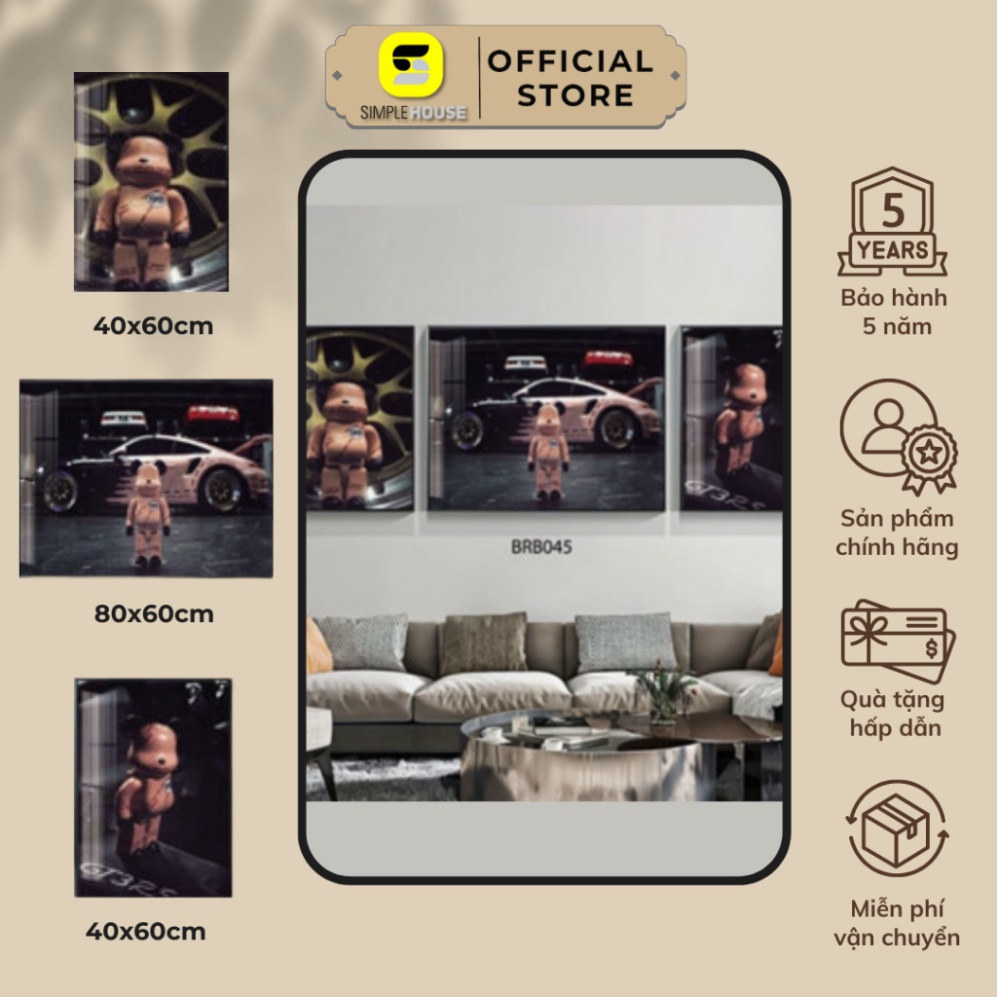 Tranh Treo Tráng Gương 5D Simple House -Gấu Bearick và Gấu Kaws  (Bộ 3 Tấm) -Trang Trí Decor Phòng K
