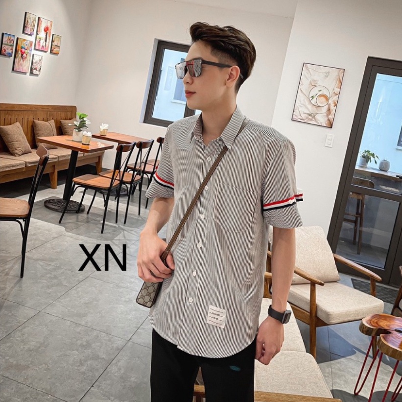 Áo Sơ Mi Thom Kẻ Xám Ngắn Tay Vải Cotton Lụa Cao Cấp | BigBuy360 - bigbuy360.vn