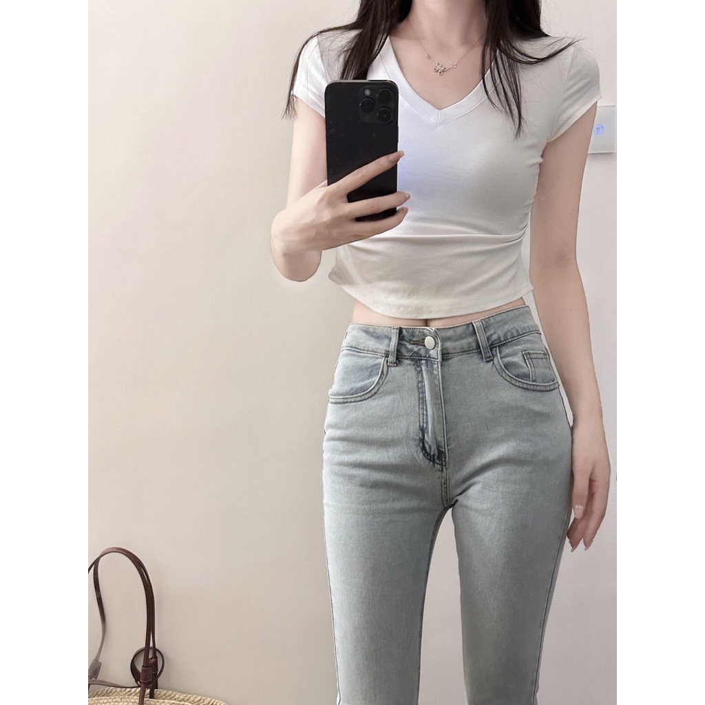 Jiashucheng Quần Jean Lưng Cao Dáng Ôm Co Giãn Màu Xanh Nhạt Thời Trang Xuân Hè Kiểu Mới Cho Nữ
