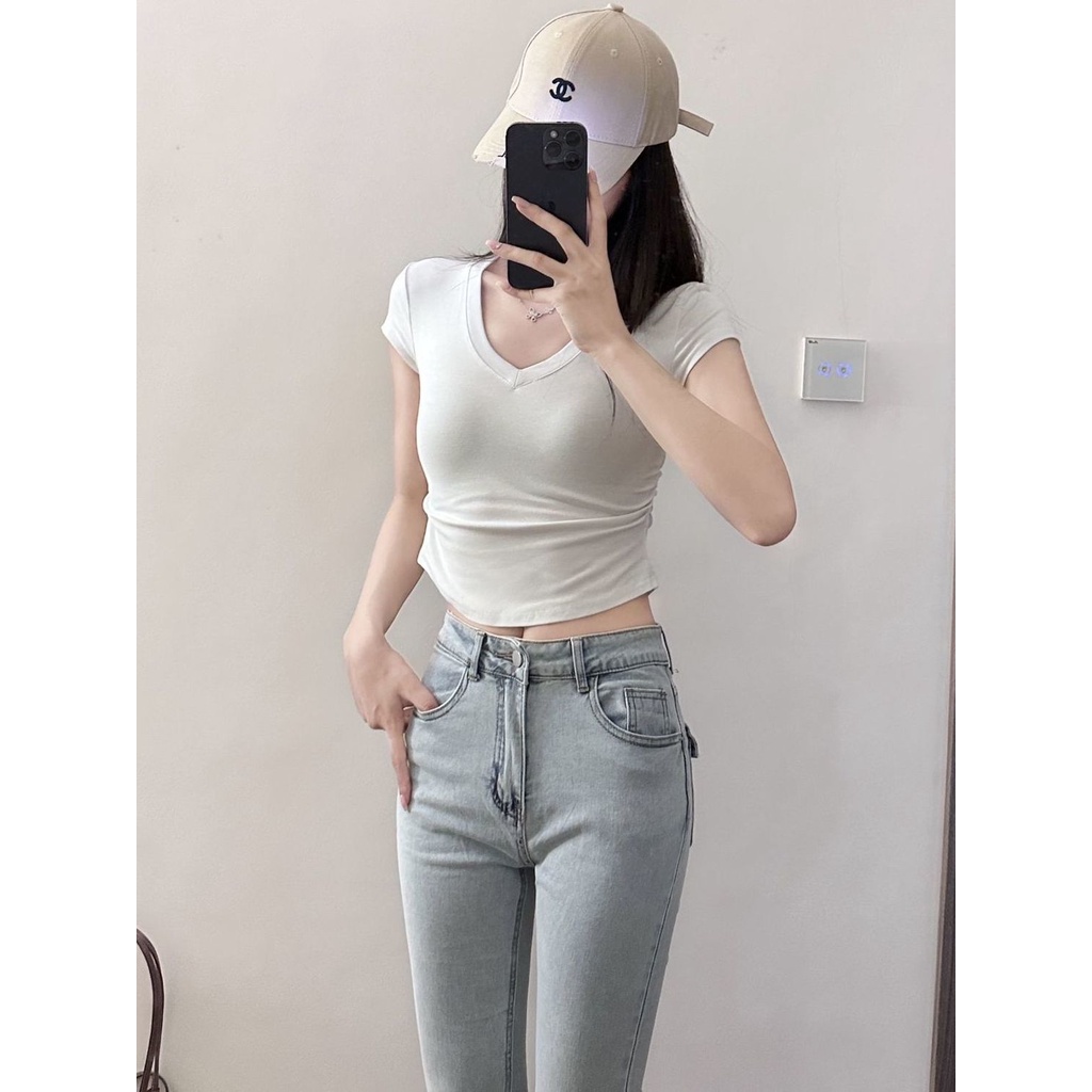 Jiashucheng Quần Jean Lưng Cao Dáng Ôm Co Giãn Màu Xanh Nhạt Thời Trang Xuân Hè Kiểu Mới Cho Nữ