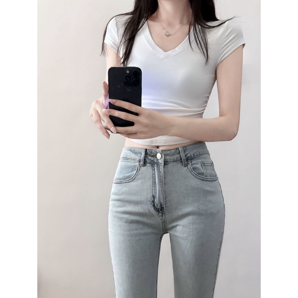 Jiashucheng Quần Jean Lưng Cao Dáng Ôm Co Giãn Màu Xanh Nhạt Thời Trang Xuân Hè Kiểu Mới Cho Nữ