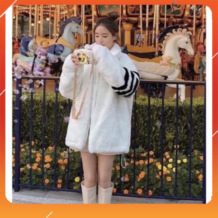 Áo Khoác Thom Lông Cừu 2 Lớp Dày Dặn Phối Kẻ Sọc Tay Phong Cách Trẻ Trung Năng Động Fom Nam Nữ