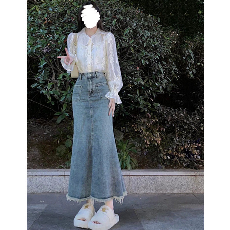 Jiashucheng Chân Váy denim Đuôi Cá Dáng Chữ a Phong Cách retro Thời Trang Xuân Hè Mới Cho Nữ