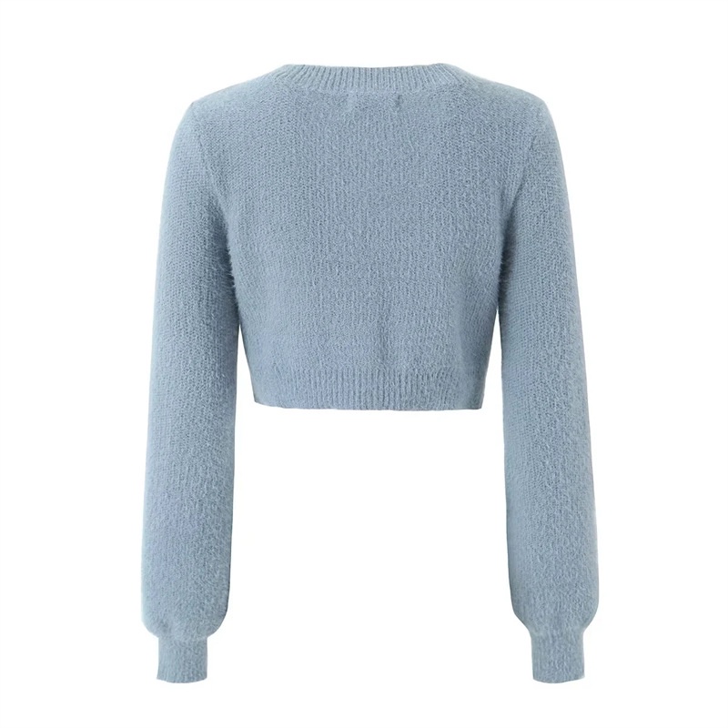 Autumn new v-neck single-breasted furry knitted cardigan coat âu mỹ thiểu số mặc eo cao ngắn mồ hôi