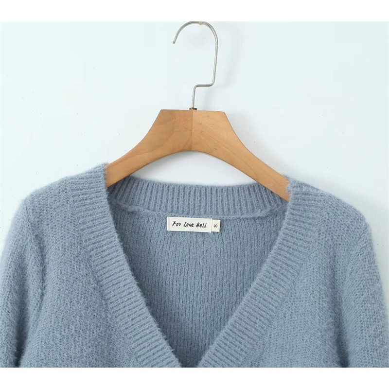 Autumn new v-neck single-breasted furry knitted cardigan coat âu mỹ thiểu số mặc eo cao ngắn mồ hôi
