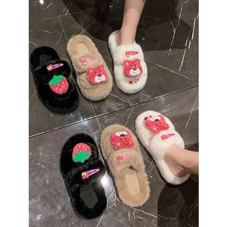 Dép đi trong nhà dễ thương gấu dâu lông ngoài mặc đế dày