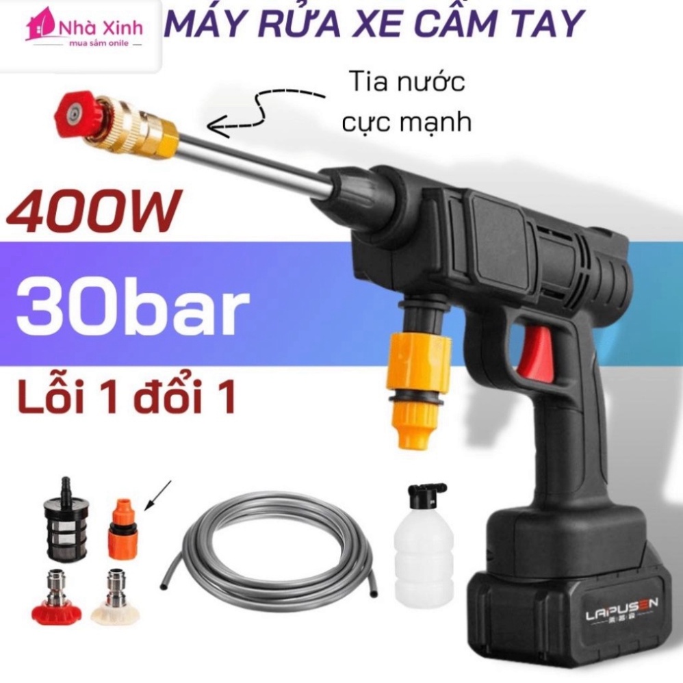 Máy rửa xe cầm tay cao áp chạy bằng pin sạc, súng rửa xe dùng cho gia đình có chế độ phun xương tạo bọt cao cấp