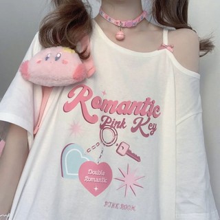 Off-the-shoulder sexy style pure desire all-match printing cute student short-sleeved t-shirt
