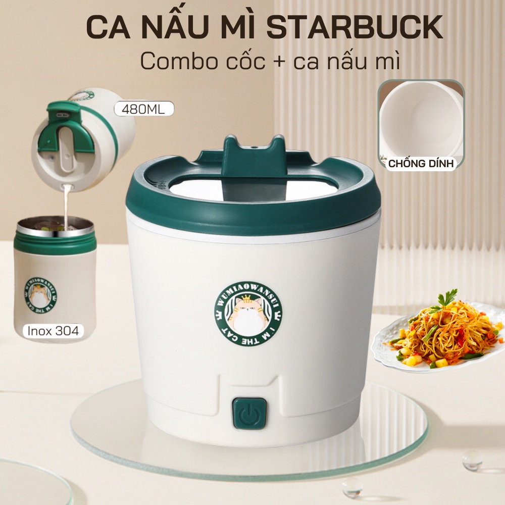 Ca nấu mì starbuck chống dính đa năng, nồi lẩu điện chiên xào rán tiện lợi kèm cốc starbuck sôi cực nhanh