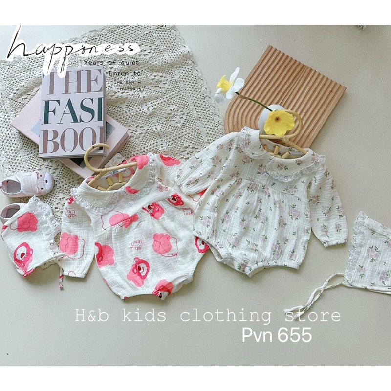 Body xô muslin hoa nhí dài tay kèm mũ buộc cực xinh cho bé