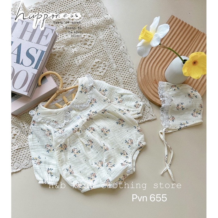 Body xô muslin hoa nhí dài tay kèm mũ buộc cực xinh cho bé