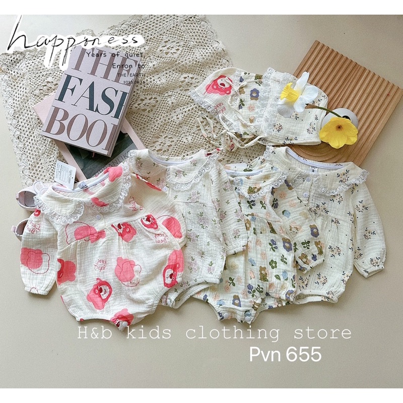 Body xô muslin hoa nhí dài tay kèm mũ buộc cực xinh cho bé