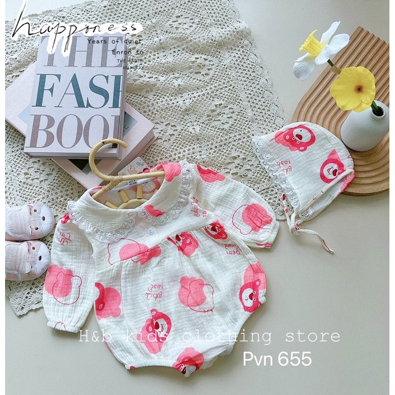 Body xô muslin hoa nhí dài tay kèm mũ buộc cực xinh cho bé