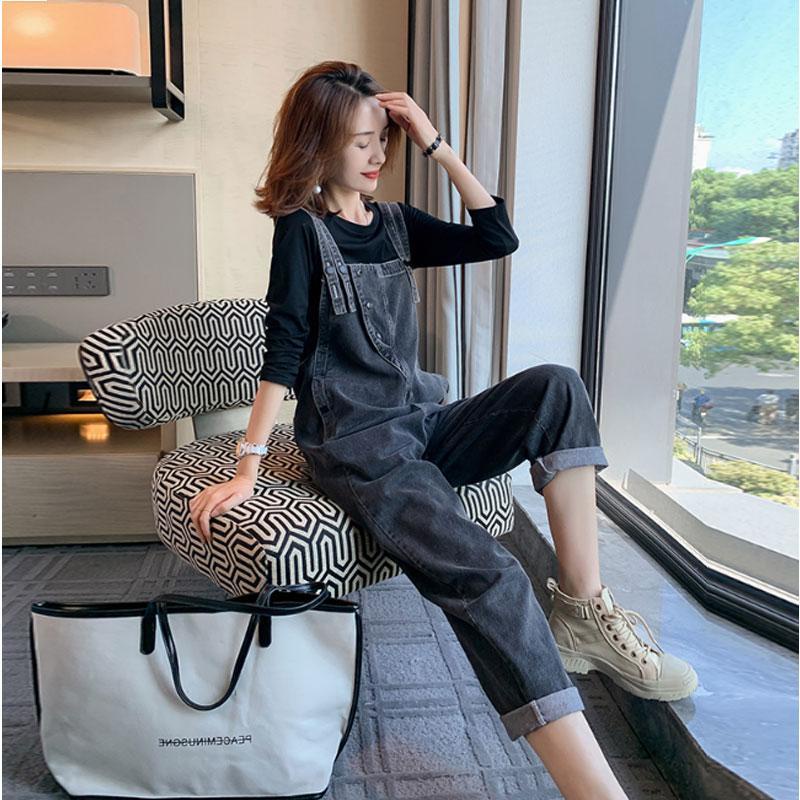 ** Qu n y m jeans n * 2022 phong cách mới hàng châu âu phiên bản hàn quốc loose plus size nữ phong cách phương tây age-reducing quần yếm denim thẳng nữ phong cách xuân hè thu