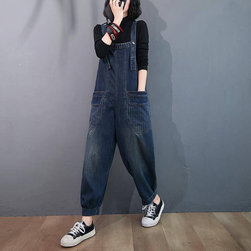 ** Qu n y m jeans n * sọc vá quần yếm denim nữ mùa thu phiên bản hàn quốc kích thước lớn quần ống suông thẳng mỏng hơn trông quần jumpsuit cạp cao