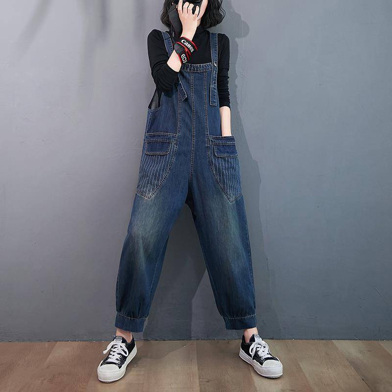 ** Qu n y m jeans n * quần áo mùa xuân 2021 phong cách mới chị béo quần yếm denim nữ rộng rãi cỡ lớn eo dày che bụng all-match patch quần nữ