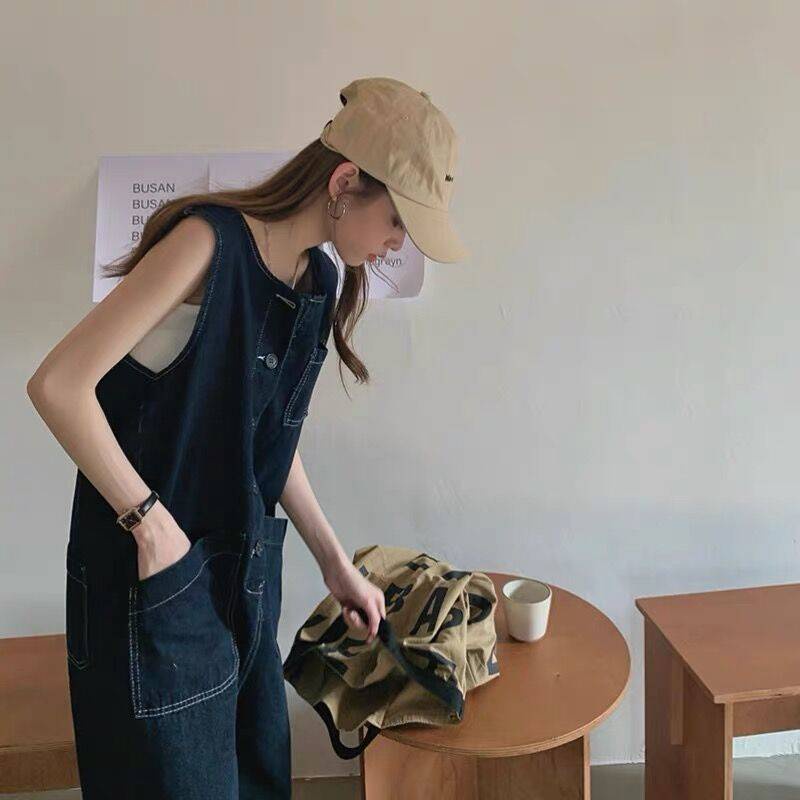 ** Qu n y m jeans n * denim jumpsuit nữ eo cao thon gọn hơn trông all-match thiết kế niche age-reducing retro phong cách hồng kông quần yếm thẳng sang trọng