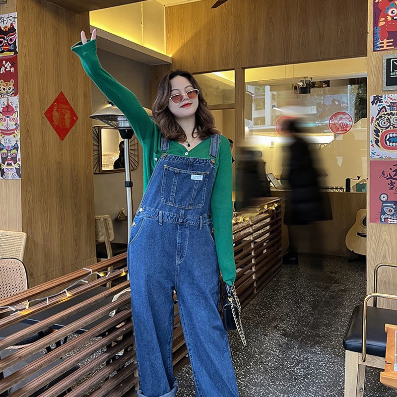 ** Qu n y m jeans n * quần yếm denim cỡ lớn dành cho phụ nữ giảm tuổi người nhỏ xuân hè chị béo mm phiên bản hàn quốc lỏng lẻo hơn trông rộng-chân jumpsuit
