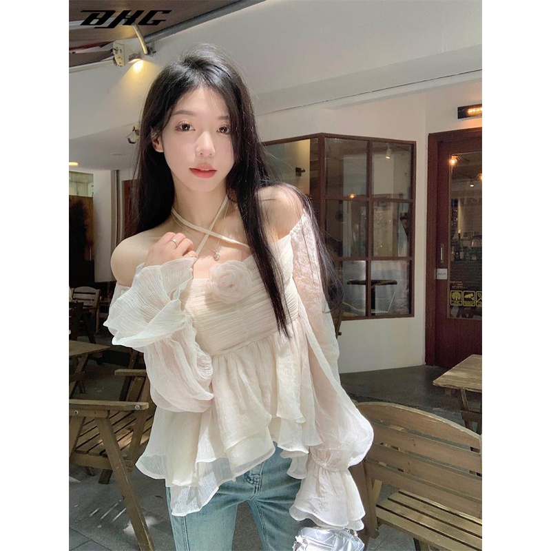 Pháp khí chất one-shoulder long-tay áo sơ mi phụ nữ mùa thu ren-up hẹp-eo ruff
