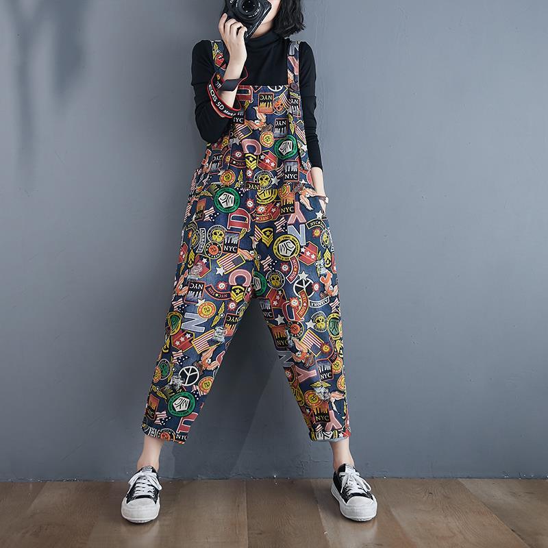 ** Qu n y m jeans n * fashion in casual denim overalls autumn 2021 loose size lớn hơi béo em gái mảnh mai hơn nhìn bộ đồ liền quần dài mắt cá chân