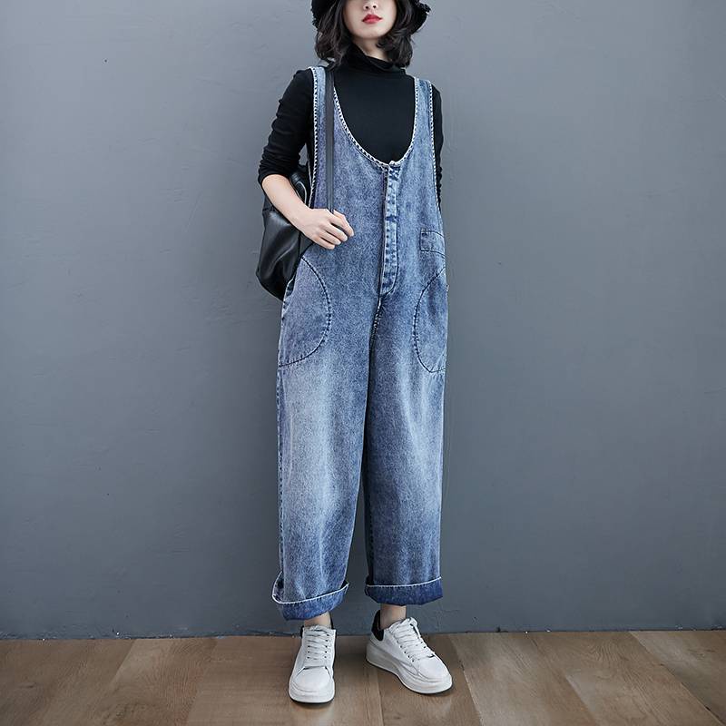 ** Qu n y m jeans n * denim overalls spring summer plus size quần áo phụ nữ văn học lỏng lẻo nhìn rộng-leg quần thời trang age-reducing all @