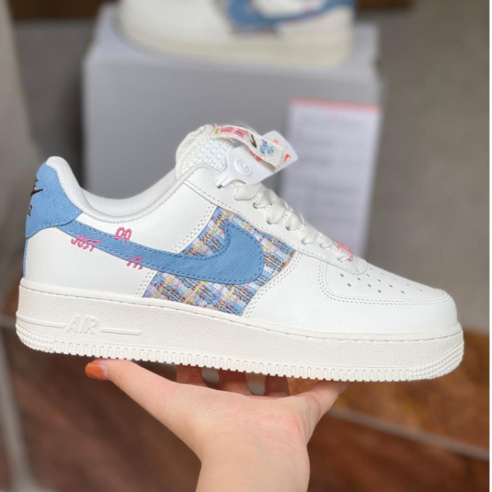 Giày Thể Thao Air Force 1 Low Just Do It Trắng Xanh Cao Cấp, Giày Sneaker AF1 Thổ Cẩm Cổ Thấp Mới Nhất 2023 Nam Nữ