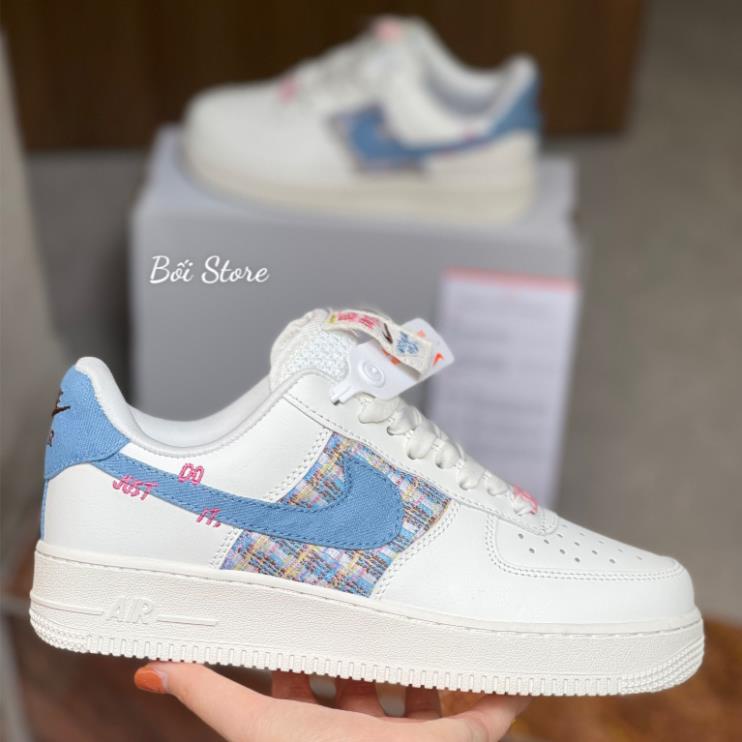Giày Thể Thao Air Force 1 Low Just Do It Trắng Xanh Cao Cấp, Giày Sneaker AF1 Thổ Cẩm Cổ Thấp Mới Nhất 2023 Nam Nữ