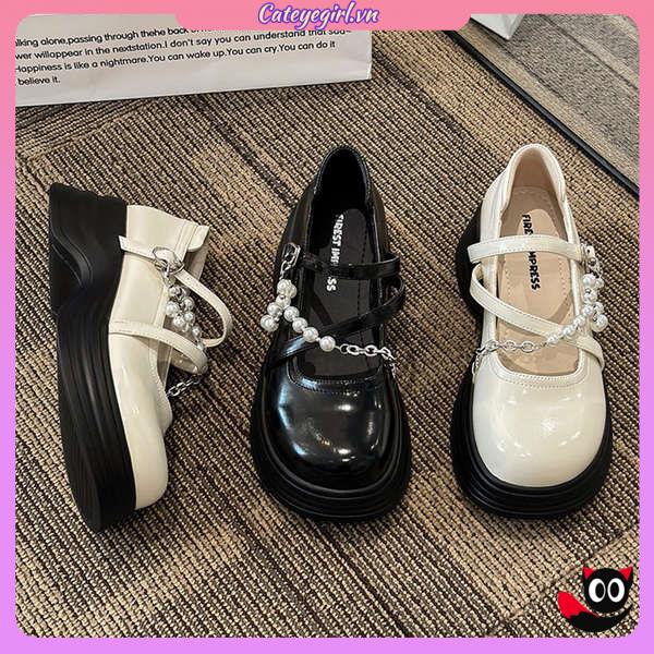 Sneakers women thick-soled mary jane shoes 2023 phong cách mới chuỗi ngọc trai giày da nhỏ