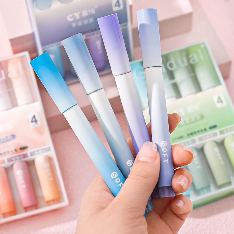 Set 4 bút dạ quang màu, bút highlight đánh dấu Pastel thân tròn Gradual