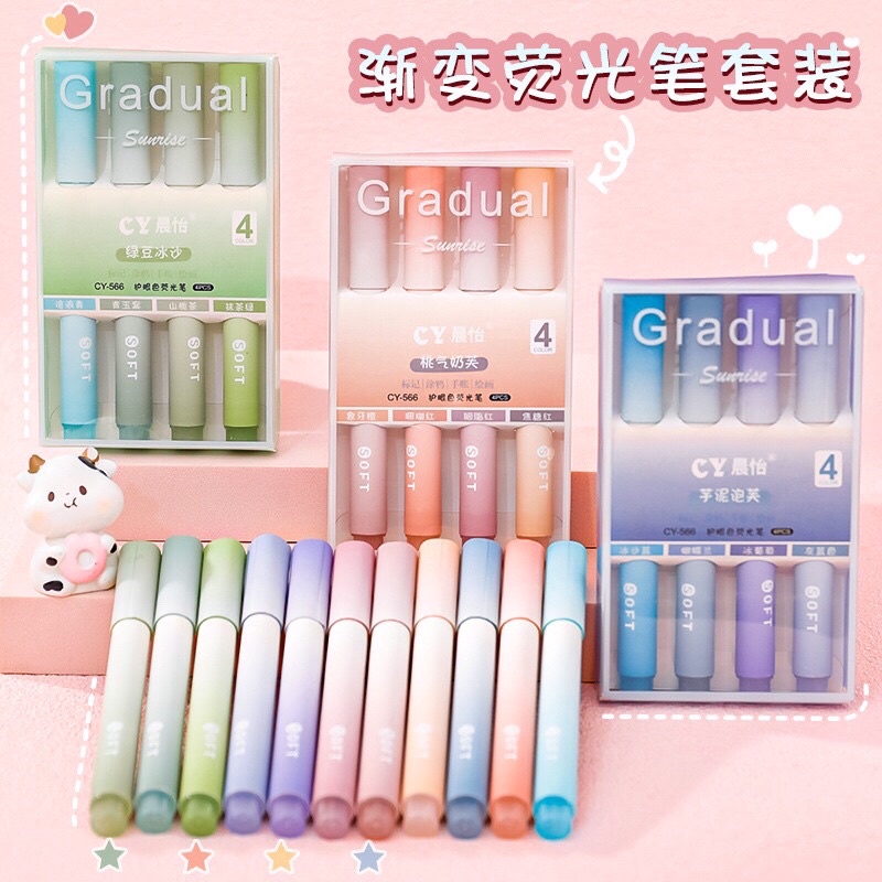 Set 4 bút dạ quang màu, bút highlight đánh dấu Pastel thân tròn Gradual