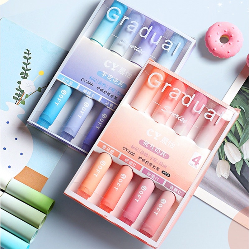 Set 4 bút dạ quang màu, bút highlight đánh dấu Pastel thân tròn Gradual