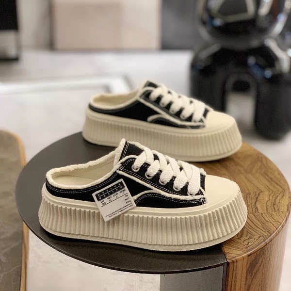 Giày thể thao nữ baotou half slippers biscuit canvas shoes women 2023 sản phẩm mới dép dày-chữa đơn-