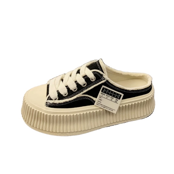 Giày thể thao nữ baotou half slippers biscuit canvas shoes women 2023 sản phẩm mới dép dày-chữa đơn-