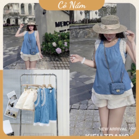 Set Bộ Đùi Nữ Áo Bò sát kẹp nách Viền Ren Phần phần gấu áo Mix Quần Sooc Đùi Trắng Tacta Freesize Q&Q CÓ BÁN SỈ