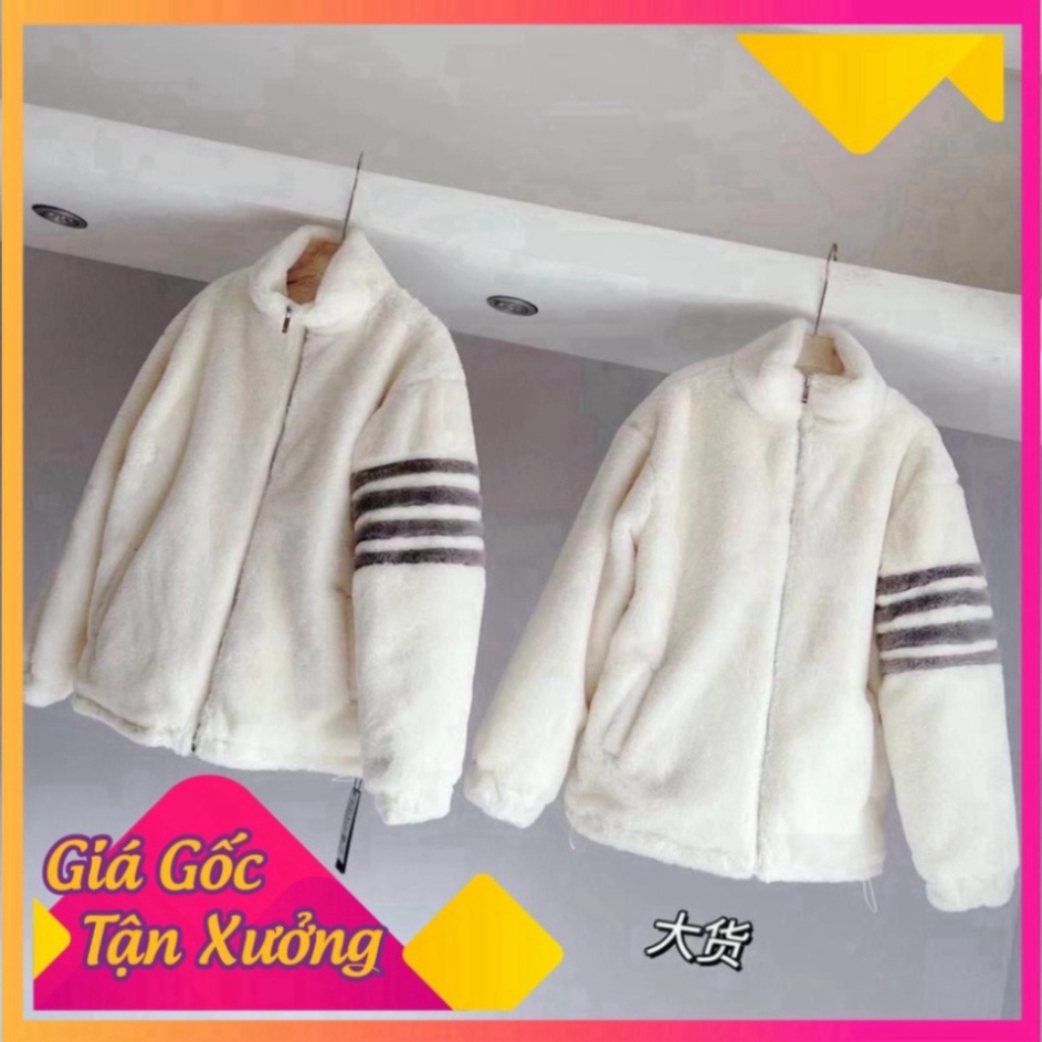 Áo Khoác Lông Thome Mượt Dày Dặn Cao Cấp - Áo Khoác Lông Cừu Phối 4 Sọc Tay Fom Dáng Unisex Nam Nữ