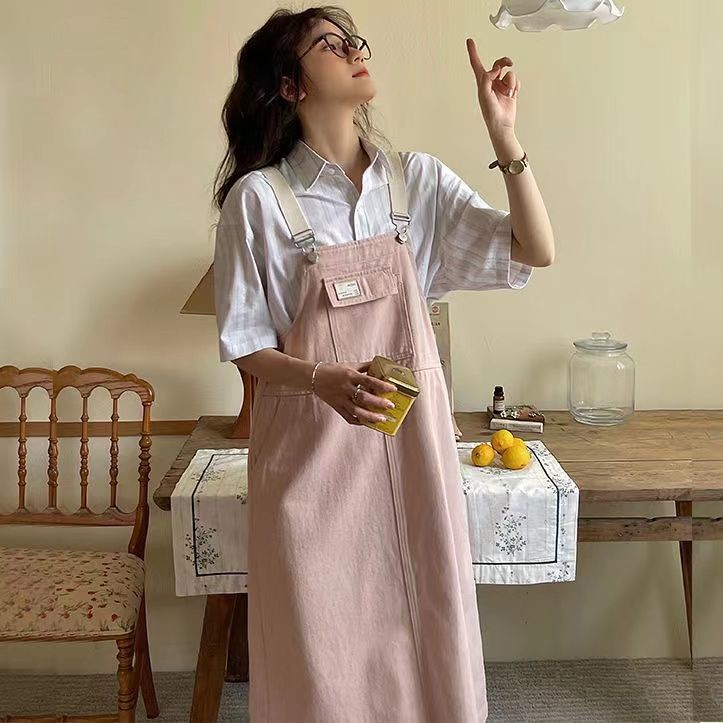 Jiashucheng Váy Yếm denim Màu Sắc Đơn Giản Phong Cách retro hong kong Cho Nữ