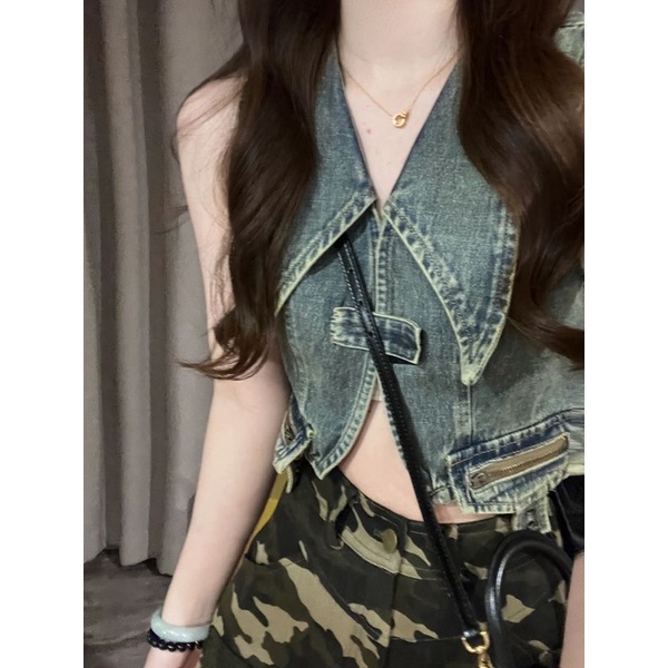 Hot girl design sense polo collar halter denim vest mùa hè phong cách hàn quốc slim-fit short halter camisole top women's trendy