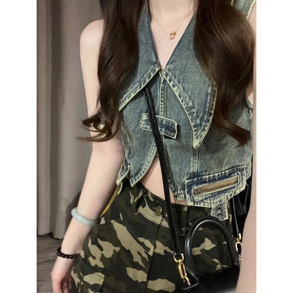 Hot girl design sense polo collar halter denim vest mùa hè phong cách hàn quốc slim-fit short halter camisole top women's trendy