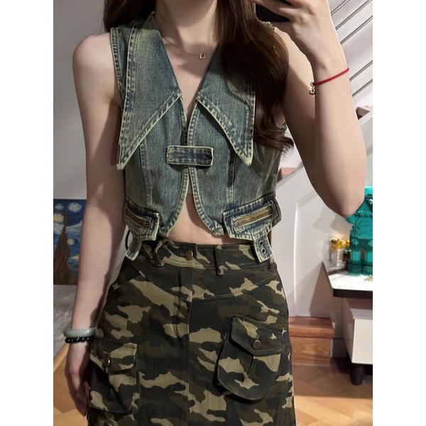 Hot girl design sense polo collar halter denim vest mùa hè phong cách hàn quốc slim-fit short halter camisole top women's trendy