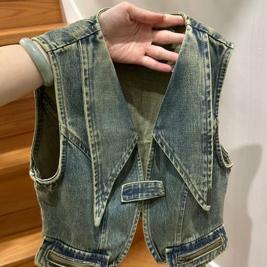 Hot girl design sense polo collar halter denim vest mùa hè phong cách hàn quốc slim-fit short halter camisole top women's trendy