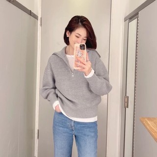 Áo len kẻ ngang cổ bẻ kéo khoá
