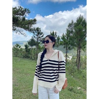 Áo len kẻ ngang cổ bẻ kéo khoá