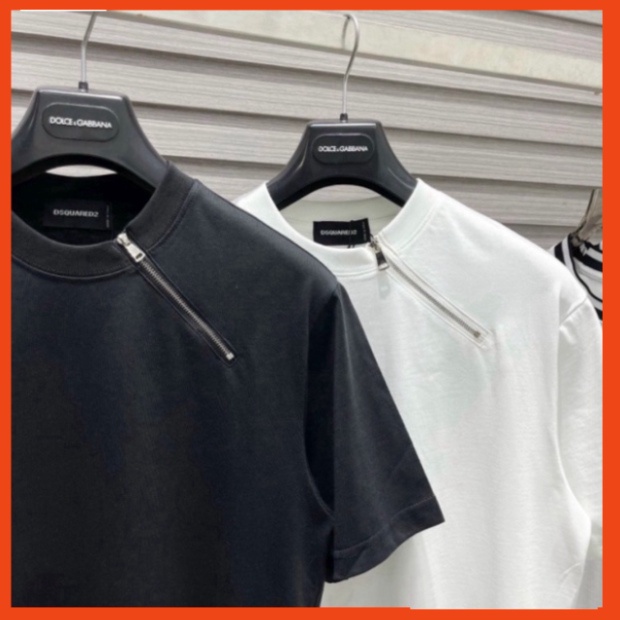 Áo Phông Nam Nữ Dsq2 Trơn Phối Thêu Khoá Zip Chéo Cổ Kiểu Dáng Đơn Giản Basic . Áo Thun Trơn Cho Các Boy Phố Hót 2