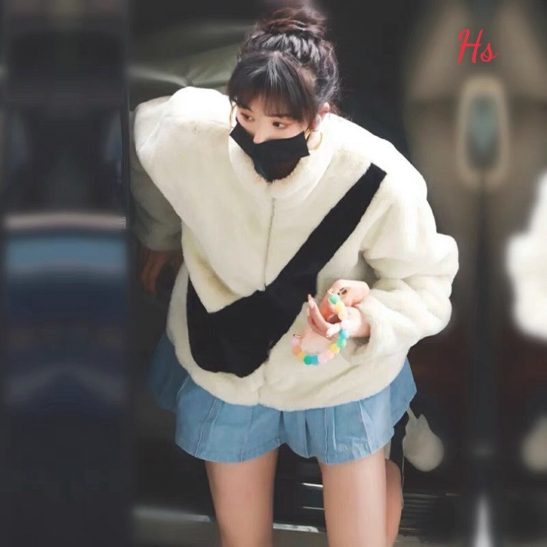 Áo khoác lông cừu logo NIKE sành điệu, áo khoác bông nam nữ Ulzzang Unisex vải lông ấm áp