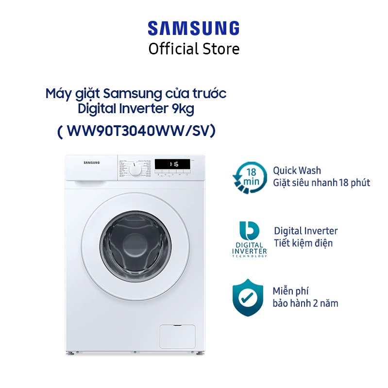 [Voucher ELSSDA10 giảm 10% Đơn từ 1TR] Máy giặt Samsung cửa trước Digital Inverter 9kg - WW90T3040WW - Miễn phí lắp đặt