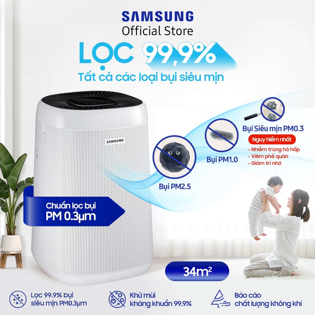 [Voucher ELSSDA10 giảm 10% Đơn từ 1TR] Máy lọc không khí Samsung 34m2 AX34R3020WW, lọc bụi mịn PM0.3, kháng khuẩn 99.9%