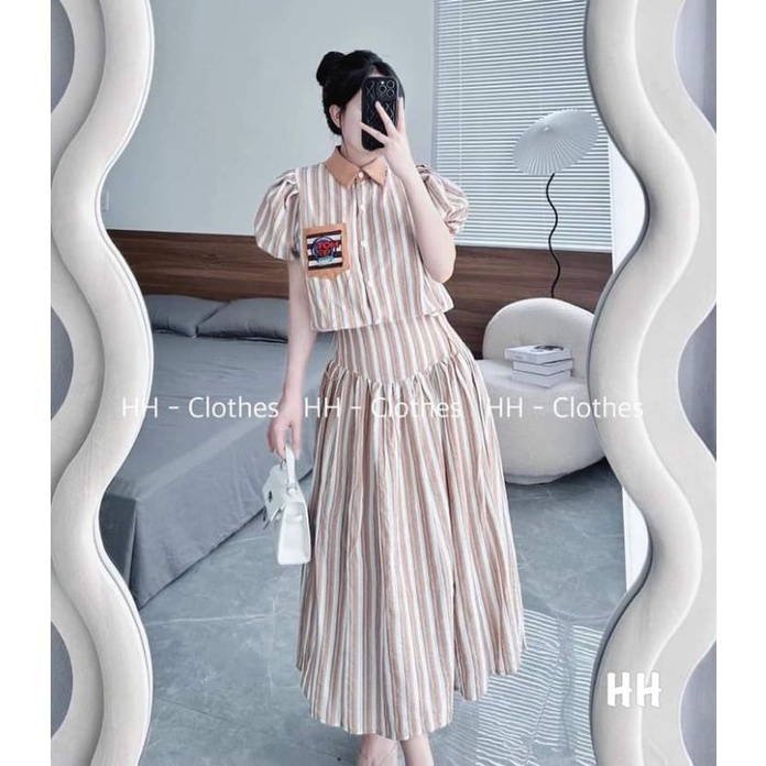 Set áo sơ mi sọc thêu chân váy midi qc