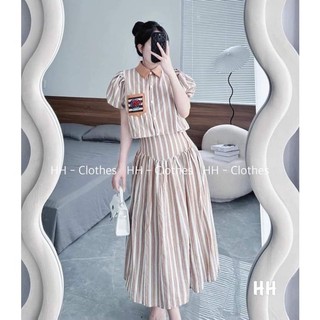 Set áo sơ mi sọc thêu chân váy midi qc